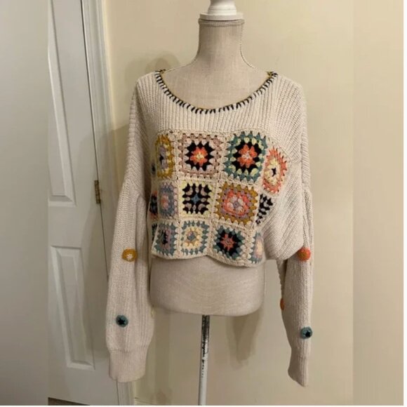 Free People Dahlia Floral Crochet Sweater Oversized Cropped size S - Picture 2 of 11